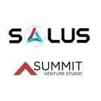 Salus logo in black with teal and magenta symbol above a smaller Summit Venture Studio logo, featuring a red triangular mark and black text on a white background.