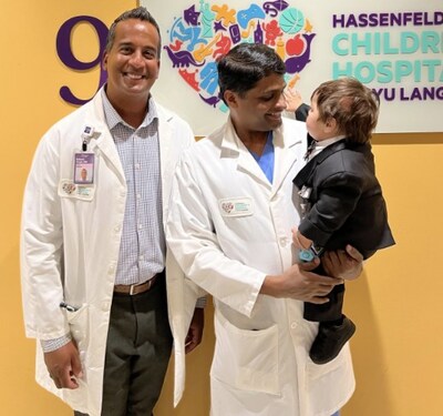Wyatt with his cardiothoracic surgeon, T.K. Susheel Kumar, MD, and pediatric cardiologist, Rakesh Singh, MD, the day he was discharged from Hassenfeld Children’s Hospital.