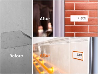 La bande braille obsolète et fragile (à gauche) a été remplacée par la signalétique braille robuste et à fort contraste de LC Sign (à droite), ce qui a considérablement amélioré l'accessibilité et l'autonomie des élèves malvoyants de l'école Qiming.