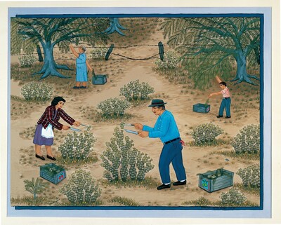 Carmen Lomas Garza, Abuelitos Pizcando Nopalitos (Grandparents Cutting Cactus), 1980. Collection of Amalia Mesa-Bains and Richard L. Bains.