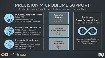InfiniFiber’s multi-layer prebiotic system targets specific gut microbes and short-chain fatty acids to deliver precision microbiome support throughout the colon. InfiniFiber’s multi-layer prebiotic system targets specific gut microbes and short-chain fatty acids to deliver precision microbiome support throughout the colon.