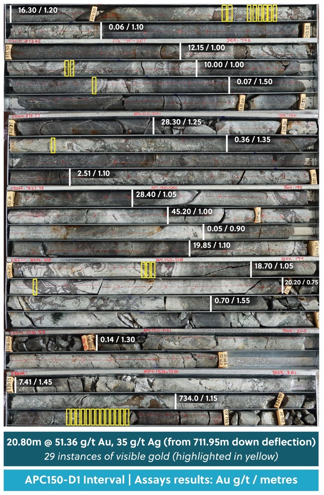 Figure 3: Drill Core Tray Photo Highlighting the Visible Gold Observed Within a Core Section from Drill Hole APC150-D1 (High-Grade Chute 3 in Figure 1) (CNW Group/Collective Mining Ltd.) Figure 3: Drill Core Tray Photo Highlighting the Visible Gold Observed Within a Core Section from Drill Hole APC150-D1 (High-Grade Chute 3 in Figure 1) (CNW Group/Collective Mining Ltd.)