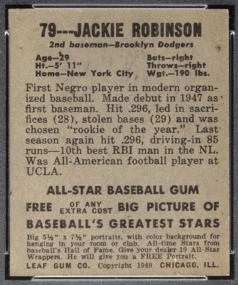 Back of the 1948 Leaf #79 Jackie Robinson rookie card (PSA 7), documenting Robinson’s early career following his barrier-breaking 1947 season.