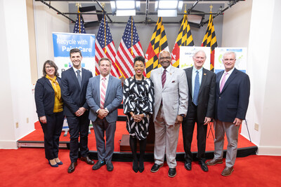 Left to Right: Amanda Nicholson (Product Stewardship Institute), Jacob Saffert (PaintCare), Rick Kessler (MDE), Maryland State Delegate Regina Boyce, Maryland State Senator Benjamin Brooks, Maryland State Senator Chris West, Michael Johnson (ACA)