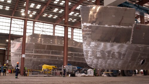 Two Marauder hulls at Saronic's Franklin, Louisiana shipyard, where the company is scaling its MUSV fleet and expanding U.S. shipbuilding capacity at a pace not seen since World War II.