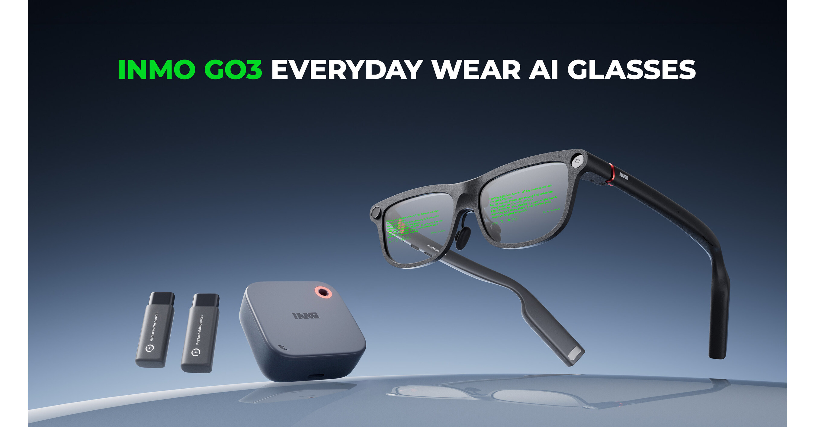 Una imagen dinámica y transparente de las gafas inteligentes INMO GO3, resaltando su diseño ligero y la tecnología avanzada de su pantalla, con un sutil resplandor alrededor de los lentes que sugiere sus capacidades de IA. La imagen se sitúa sobre un fondo limpio y futurista, enfatizando la innovación.