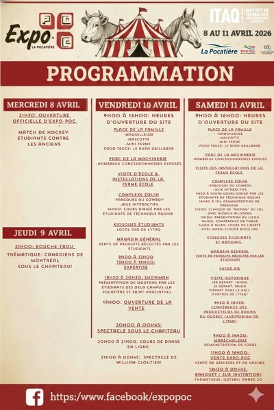 Programmation de l'événement Expo-Poc à La Pocatière les 10 et 11 avril (Groupe CNW/Institut de technologie agroalimentaire du Québec)