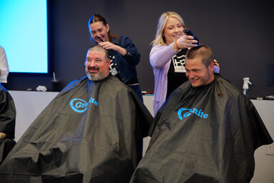 Drake Maye (right), quarterback of the New England Patriots, and Joe Andruzzi (left), a former Patriots player, attend Granite’s 13th annual “Saving by Shaving” event.