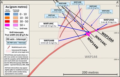 Figure 4: Cross section 1 (looking NE) with results from drill site 9 and EG Vein zone interpretation (CNW Group/OceanaGold Corporation)