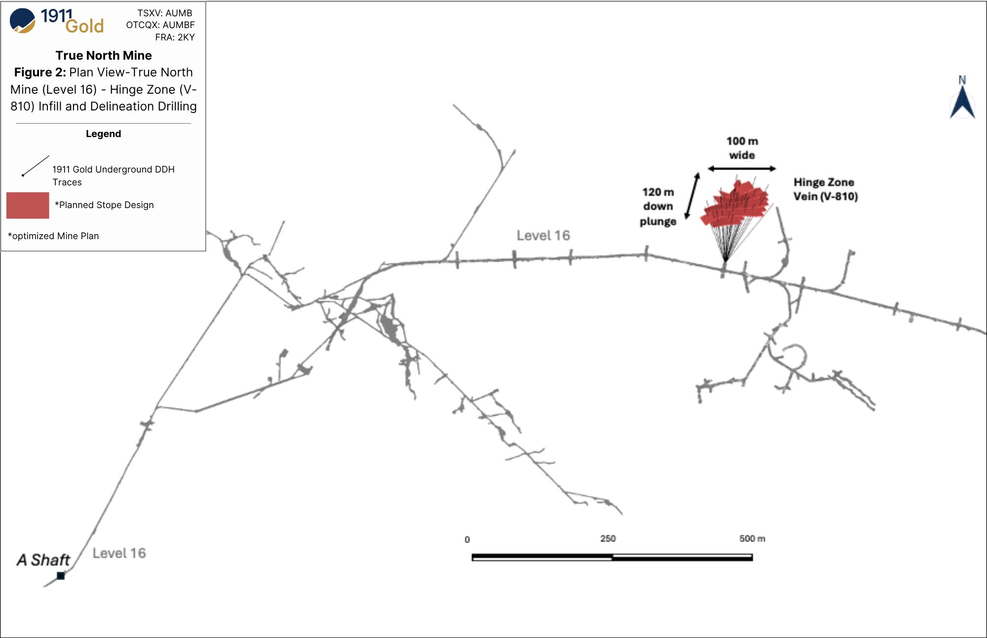 Figure 2: Plan View-True North Mine (Level 16)-Hinge Delineation Drilling (CNW Group/1911 Gold Corporation) Figure 2: Plan View-True North Mine (Level 16)-Hinge Delineation Drilling (CNW Group/1911 Gold Corporation)