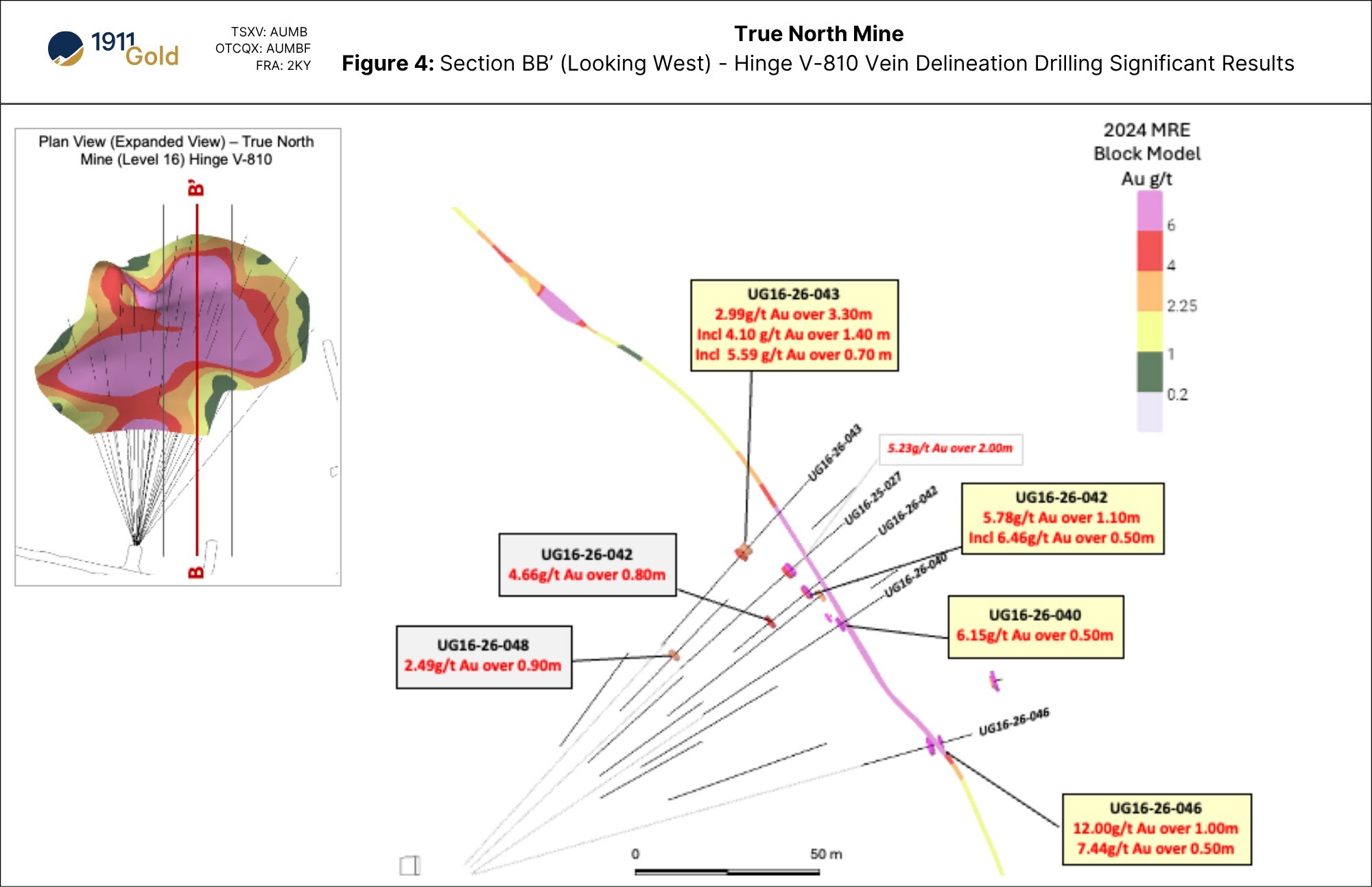 Figure 4: Section BB’ (Looking West) - Hinge V-810 Vein Delineation Drilling (Select Significant Results) (CNW Group/1911 Gold Corporation) Figure 4: Section BB’ (Looking West) - Hinge V-810 Vein Delineation Drilling (Select Significant Results) (CNW Group/1911 Gold Corporation)