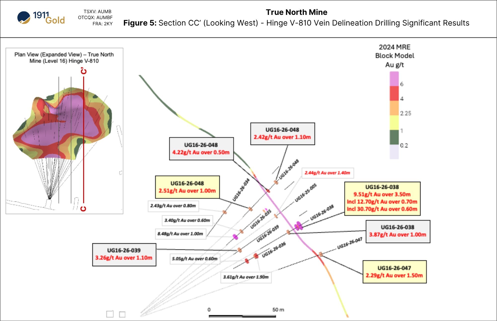 Figure 5: Section CC’ (Looking West) - Hinge Vein V-810 showing Delineation (Select Significant Results) (CNW Group/1911 Gold Corporation) Figure 5: Section CC’ (Looking West) - Hinge Vein V-810 showing Delineation (Select Significant Results) (CNW Group/1911 Gold Corporation)