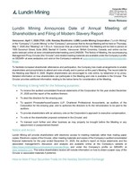 Lundin Mining Announces Date of Annual Meeting of Shareholders and Filing of Modern Slavery Report (CNW Group/Lundin Mining Corporation)