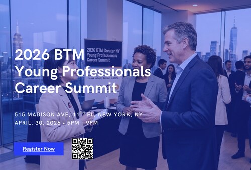 Promotional poster for the 2026 BTM Young Professionals Career Summit - Greater NY, taking place on April 30, 2026, from 5:00 PM to 9:00 PM at 515 Madison Avenue, 11th Floor, New York City. The summit will bring together leaders in AI, HR, technology, biotech, and immigration law to help young professionals navigate career uncertainty in an AI-driven economy.