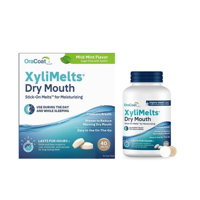 OraCoat® XyliMelts® Dry Mouth stick-on melts provide long-lasting relief by adhering to the gums to moisturize and soothe dry mouth symptoms—day or night—with a mild mint flavor and sugar-free formula.