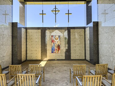 Our new stunning Open-Air Mausoleum of the Holy Spirit, which is now open, features elegant glass skylights allowing natural light, stunning liturgical artwork and mosaics, and cremation niches in a peaceful setting. Speak to one of our caring Memorial Planning Advisors because our original mausoleum is almost full and this new addition offers affordable options in a peaceful and dignified space.