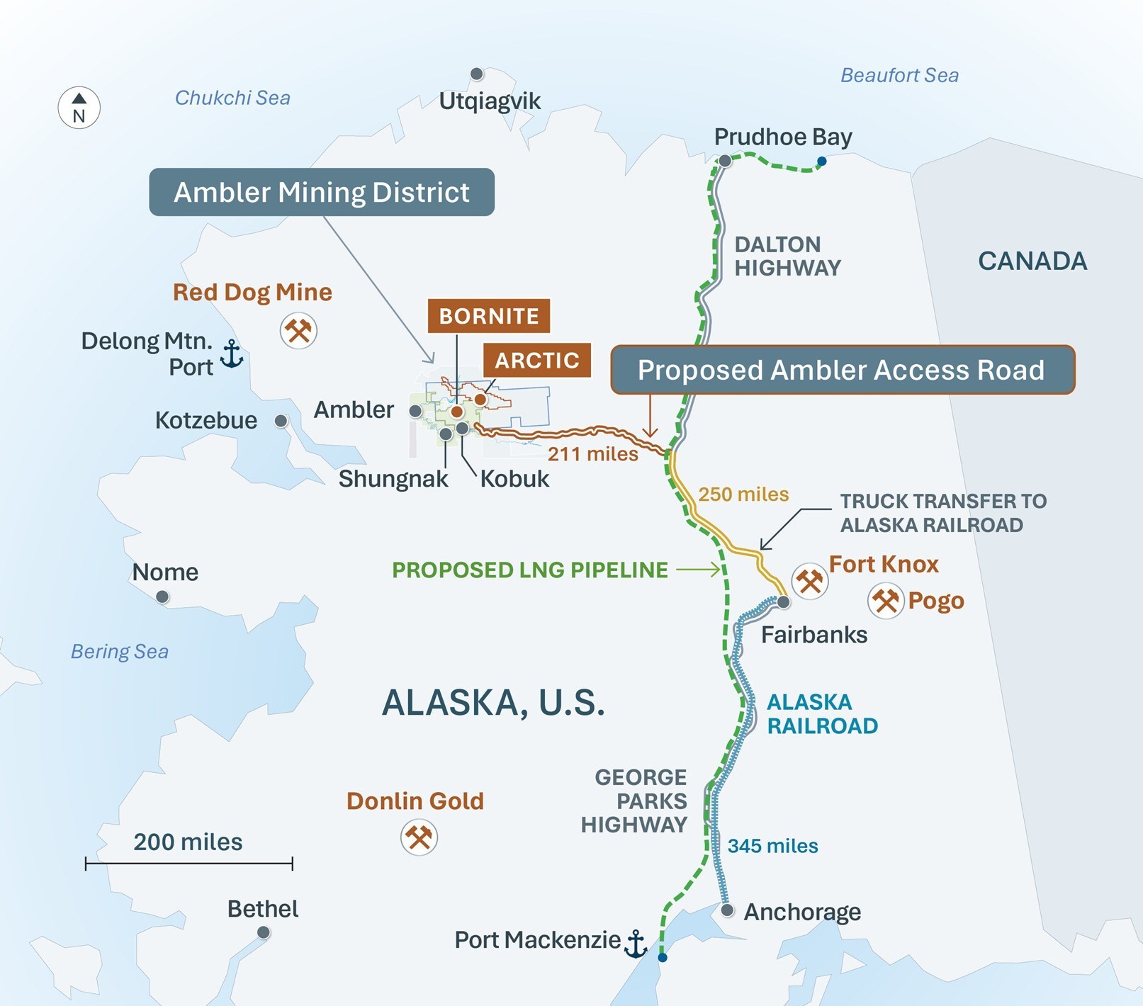 Figure 1: The Ambler Mining District, proposed Ambler Road and proposed LNG pipeline in Alaska. (CNW Group/Trilogy Metals Inc.) Figure 1: The Ambler Mining District, proposed Ambler Road and proposed LNG pipeline in Alaska. (CNW Group/Trilogy Metals Inc.)