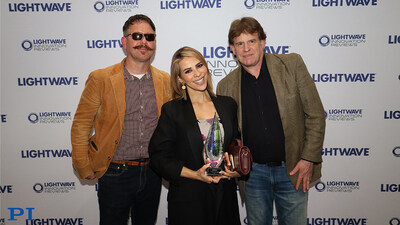 PI’s Matt Price and Nikta Jalayer accept the Lightwave Innovation Award from Lightwave Magazine Editor Sean Buckley (right) at the 2026 OFC Conference in Los Angeles, CA.