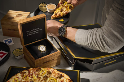 Domino's is offering customers exclusive access to a curated selection of black and gold Shinola timepieces and leather goods to celebrate the launch of its new Slice Sauce, which also comes in premium black and gold packaging.