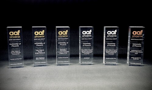 University of Phoenix has won six American Advertising Awards, known as ADDY® Awards, depicted above, including three Gold ADDY® Awards, from the Phoenix Chapter of the American Advertising Federation. University of Phoenix has won six American Advertising Awards, known as ADDY® Awards, depicted above, including three Gold ADDY® Awards, from the Phoenix Chapter of the American Advertising Federation.