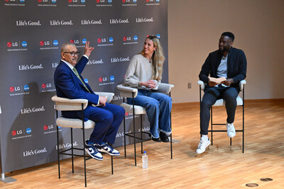 Panelists discuss student-athlete mental health at a special LG and NAMI-hosted event at IU Indianapolis during the 2026 NCAA Men's Final Four weekend. Pictured (from l to r): Dan Gillison, Jr., CEO of NAMI; Lexie Hull, WNBA free agent and NCAA Division I women's basketball champion; Johnny Milabu, Corporate Marketing Manager at LG Electronics USA.