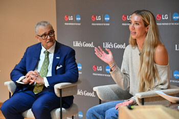 Panelists discuss student-athlete mental health at a special LG and NAMI-hosted event at IU Indianapolis during the 2026 NCAA Men's Final Four weekend. Pictured (from l to r): Dan Gillison, Jr., CEO of NAMI; Lexie Hull, WNBA free agent and NCAA Division I women's basketball champion; Johnny Milabu, Corporate Marketing Manager at LG Electronics USA.