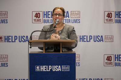 NYC Deputy Mayor for Health and Human Services, Dr. Helen Arteaga, offers remarks at opening of HELP USA women's shelter in Brooklyn, NY.