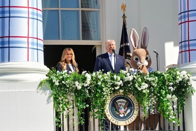 Left to Right: First Lady Melania Trump, President Donald J. Trump and the Easter Bunny address guests at the 2026 White House Easter Egg Roll. Source: American Egg Board.