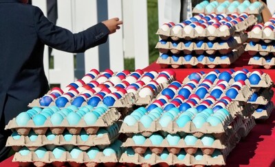 Dyed real eggs in crates waiting to be rolled at the 2026 White House Easter Egg Roll. More than 40,000 hand-dyed real eggs were used on the South Lawn on April 6. Source: American Egg Board.