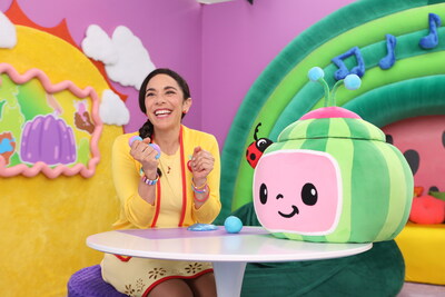 In CoComelon’s live-action series “The Melon Patch,” beloved teacher Ms. Appleberry (Allie Rivera Quiñonez, left) leads activities developed by early childhood learning experts