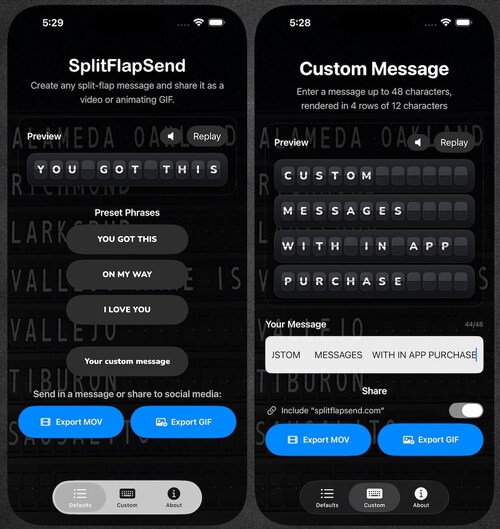 SplitFlapSend presets and custom message screens