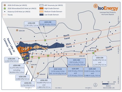 Figure 1 – 2026 winter drill holes in the Hurricane Deposit area. Mineralization highlights are U3O8 for selected pre-2026 drill holes referred to in the text and cps measured on drill core with an RS-125 handheld spectrometer for 2026 drill holes. (CNW Group/IsoEnergy Ltd.) Figure 1 – 2026 winter drill holes in the Hurricane Deposit area. Mineralization highlights are U3O8 for selected pre-2026 drill holes referred to in the text and cps measured on drill core with an RS-125 handheld spectrometer for 2026 drill holes. (CNW Group/IsoEnergy Ltd.)