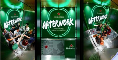 Heineken® transforms an office elevator into an afterwork bar at One Raffles Quay, surprising office workers with their first sip of the evening, hosted by Denise Teo