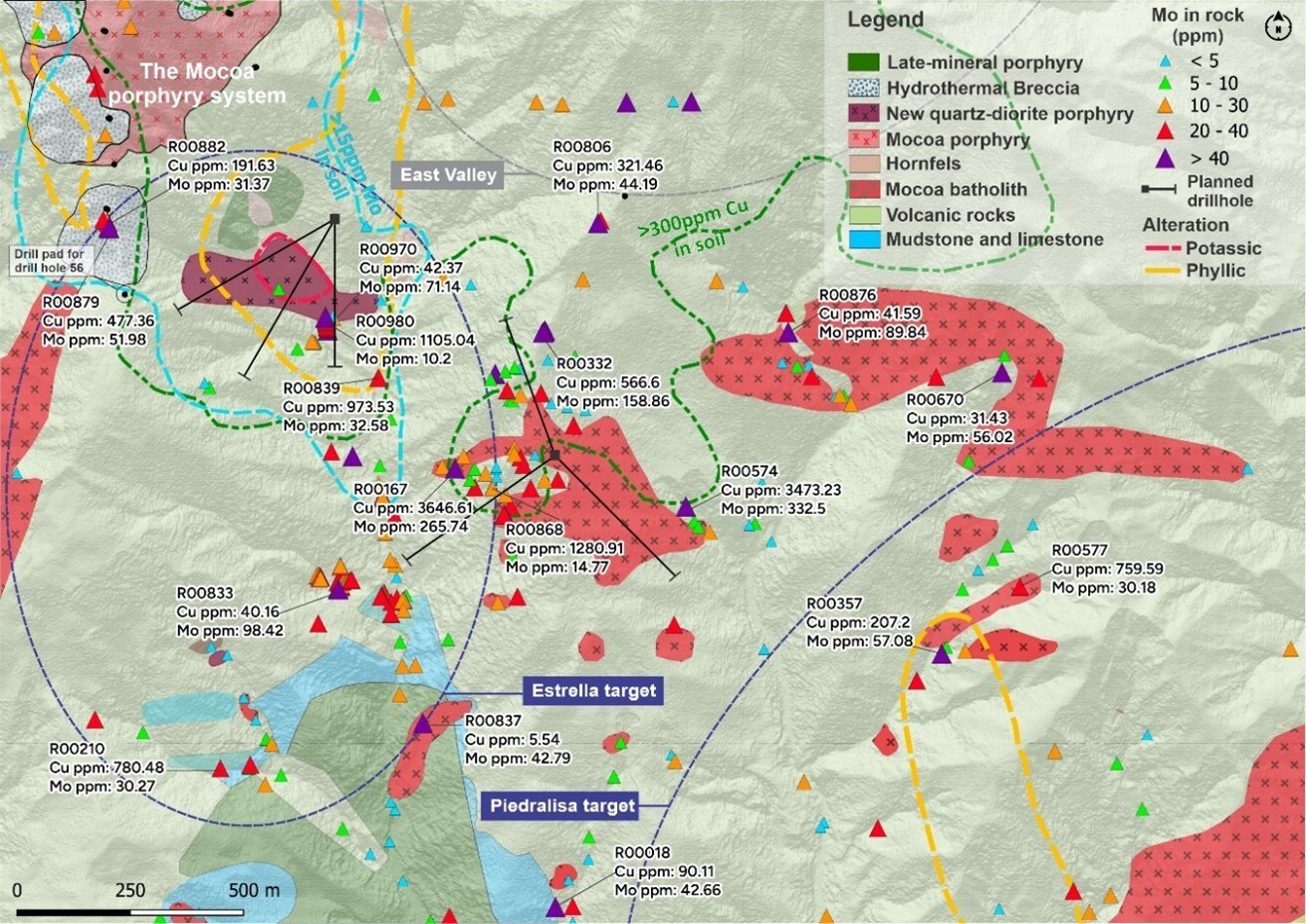 Figure 2. Plan view of the La Estrella and Piedralisa targets showing selected rocks samples, Cu-Mo anomaly in soil and planned holes. (CNW Group/COPPER GIANT RESOURCES CORP.) Figure 2. Plan view of the La Estrella and Piedralisa targets showing selected rocks samples, Cu-Mo anomaly in soil and planned holes. (CNW Group/COPPER GIANT RESOURCES CORP.)