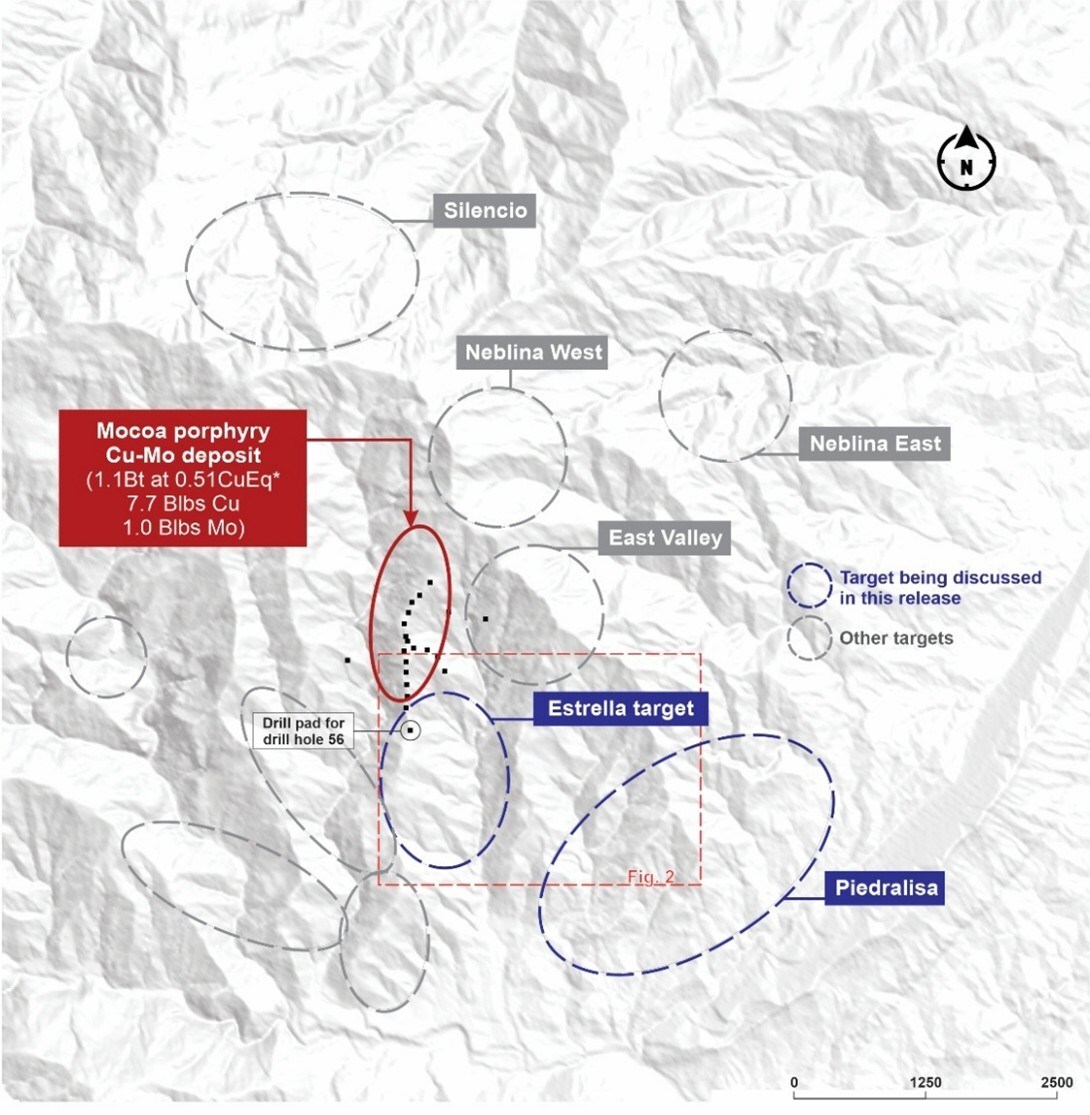 Figure 1. Plan view of the exploration targets and the Mocoa porphyry Cu-Mo deposit. * Black dots denote drill pads. (CNW Group/COPPER GIANT RESOURCES CORP.) Figure 1. Plan view of the exploration targets and the Mocoa porphyry Cu-Mo deposit. * Black dots denote drill pads. (CNW Group/COPPER GIANT RESOURCES CORP.)