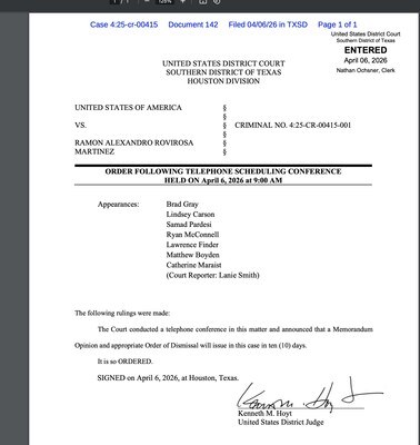 R. Bufete de abogados McConnell PLLC: el JUEZ FEDERAL KENNETH HOYT DESESTIMA el CASO de la FCPA CONTRA EL EMPRESARIO TEXANO ALEX ROVIROSA