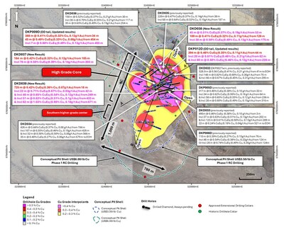 Figure 2. Plan view map of La Verde showing returned diamond drilling compared with updated +0.2% copper (yellow), +0.3% copper (red), +0.4% copper (magenta) mineralisation interpolants. Drilled holes with pending assays are shown in black. Position of A – A’ cross section (Figure 3) and B – B’ long section (Figure 4) annotated in black. Conceptual open pit shells1 displayed for $US3.50/lb Cu (blue) and $US6.00/lb Cu (green) displayed as dashed lines. Results reported including CuEq2. (CNW Group/Hot Chili Limited) Figure 2. Plan view map of La Verde showing returned diamond drilling compared with updated +0.2% copper (yellow), +0.3% copper (red), +0.4% copper (magenta) mineralisation interpolants. Drilled holes with pending assays are shown in black. Position of A – A’ cross section (Figure 3) and B – B’ long section (Figure 4) annotated in black. Conceptual open pit shells1 displayed for $US3.50/lb Cu (blue) and $US6.00/lb Cu (green) displayed as dashed lines. Results reported including CuEq2. (CNW Group/Hot Chili Limited)
