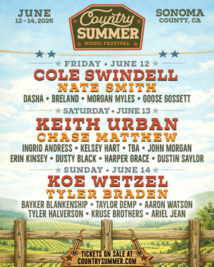 Keith Urban, Cole Swindell, Koe Wetzel to Headline Northern California's Country Summer Music Festival