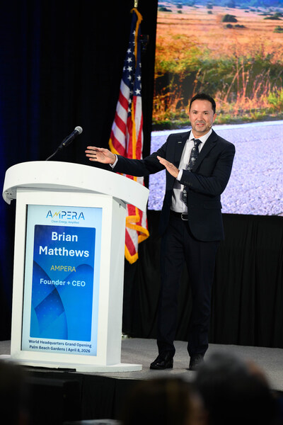 AMPERA Founder + CEO, Brian Matthews speaks to more than 150 guests at the company’s grand opening event for its world headquarters in Palm Beach Gardens, Fla., sharing his vision for the future of clean energy.