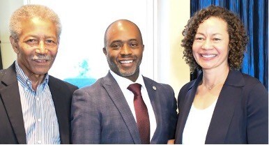 California State Superintendent of Public Instruction Tony Thurmond (center), pictured with Dr. Warren Blakely, and Dr. Pieta Blakely, praised the work of their brother and father, Professor Edward J. Blakely.