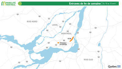 Entraves de fin de semaine, 10 au 13 avril (Groupe CNW/Ministère des Transports et de la Mobilité durable) Entraves de fin de semaine, 10 au 13 avril (Groupe CNW/Ministère des Transports et de la Mobilité durable)
