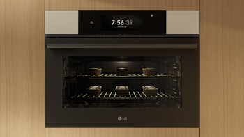 LG Built-in Compact Oven is a space-saving 6-in-1 Multi Oven that offers versatile cooking, while Combi Mode and Inverter ProBake™ support faster and more even results.