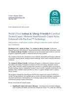 World’s First Asthma & Allergy Friendly® Certified Treated Carpet: Mohawk SmartStrand® Carpet Styles Enhanced with Pur-Ease™ Technology