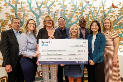 (left to right) Rick Brown, aftersales market manager, western region, Hyundai Motor America, Shannon Fleischman, senior development coordinator, Banner Health Foundation, Tracey Fejt, RN, trauma outreach and injury prevention coordinator, Banner Children’s at Desert, Brandon Ramirez, director, corporate social responsibility, Hyundai Motor North America, Laura Robertson, CEO, Banner Desert Medical Center, Anthony Ani, MD, chief medical officer, Banner Desert Medical Center, Thea Nguyen, corporate social responsibility, Hyundai Motor North America, Teresa Hoerres, fund development program manager, Banner Health Foundation at Banner Desert Medical Center in Mesa, Ariz., on April 8, 2026 (Photo/Hyundai)