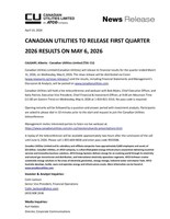 CANADIAN UTILITIES TO RELEASE FIRST QUARTER 2026 RESULTS ON MAY 6, 2026