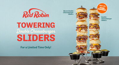 Red Robin announces new Towering Double Cheeseburger Sliders and Towering Double Bacon Cheeseburger Sliders starting April 20. Available for dine-in and to-go for a limited time. To find a location near you, visit redrobin.com/towering-cheeseburger-sliders.