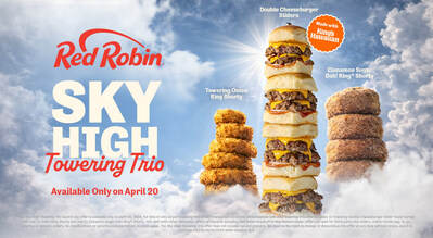On April 20 only, guests can enjoy the Sky-High Towering Trio launch day offer featuring one Towering Double Cheeseburger Slider Tower, one Towering Onion Ring Shorty and one Cinnamon Sugar Doh! Ring® Shorty for only $20 at participating Red Robin restaurants. Terms and conditions apply. redrobin.com/towering-cheeseburger-sliders