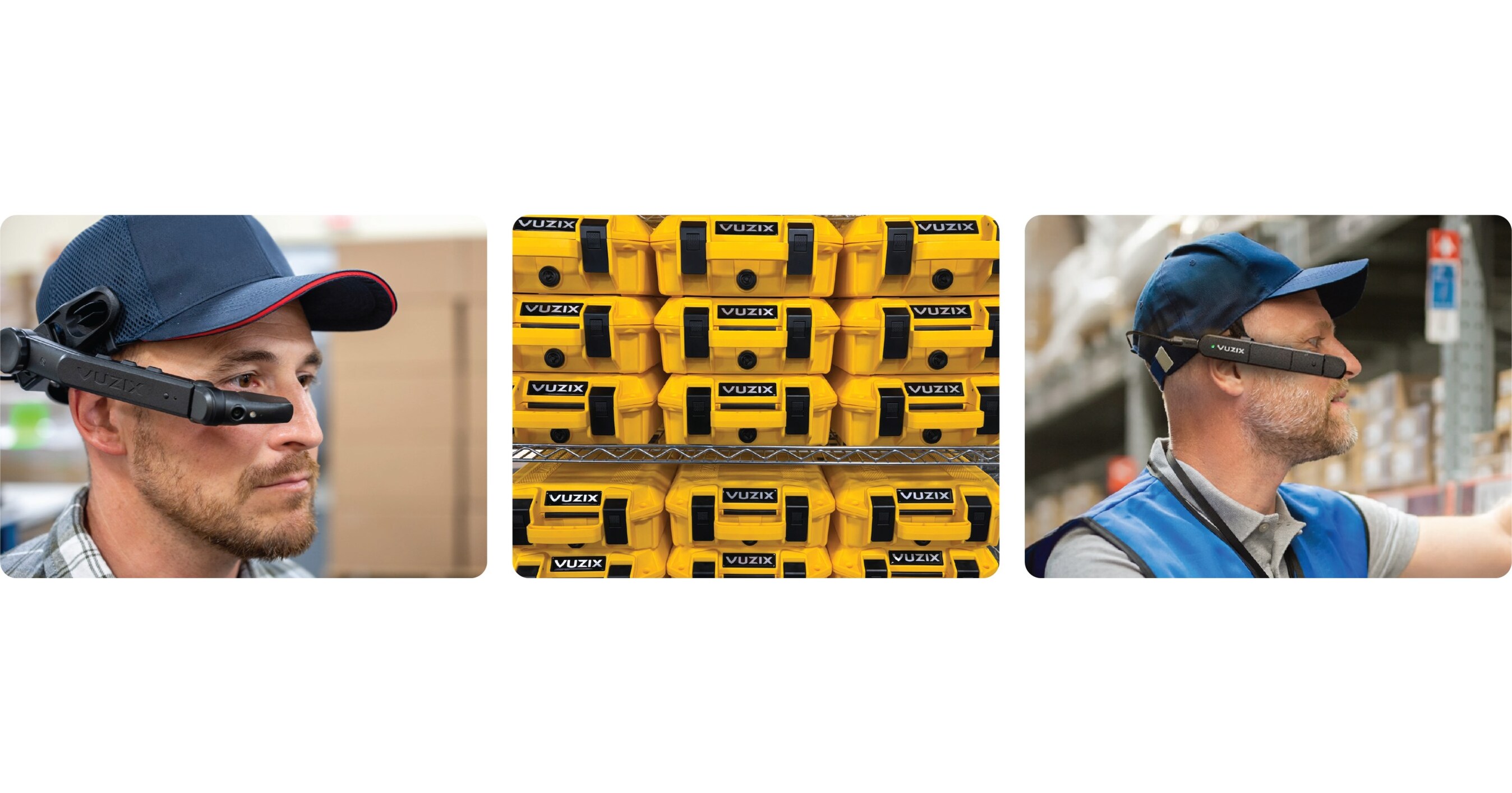 Vuzix LX1 and M400 smart glasses alongside a kit box and a tablet displaying warehouse statistics, illustrating the Pick & Pack Validation Program.