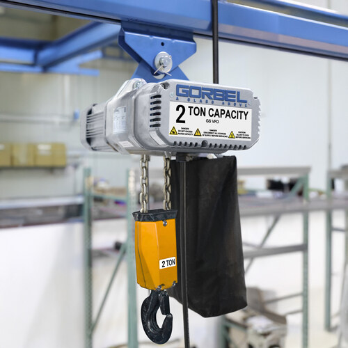 Designed to offer users smoother control and greater precision in demanding industrial environments, the GS VFD Hoist features field-adjustable acceleration and deceleration. Seen here in a 2 Ton capacity, it’s available in ½ ton, 1 ton, and 2 ton capacities, with 230V and 460V power options.