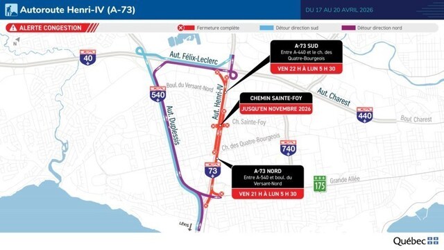 Carte du chemin de détour de la fermeture complète de l’A-73 (Henri-IV), du 17 au 20 avril (Groupe CNW/Ministère des Transports et de la Mobilité durable)